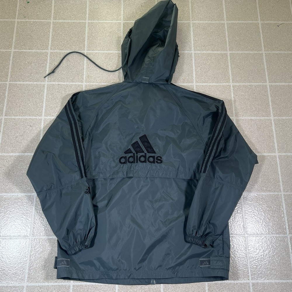 Vintage Adidas Jacket Mens Medium Grey Black Stripes Windbreaker Track Coat 90s